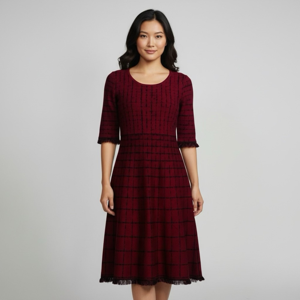 TAYLOR Burgundy Plaid Knit Fit & Flare Checkered Dress Medium Dress Midi Size